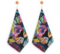 Jubonexis Asciugamano colorato Street Art con viso di leone piccolo con anello per appenderlo, 2 pezzi, panno morbido assorbente per cucina e bagno