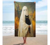 Jubonexis Asciugamano da spiaggia con fantasma bianco che tiene gatto nero chiesa e cimitero asciugamano da spiaggia in microfibra senza sabbia grandi asciugamani da doccia multiuso assorbente per