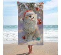 Jubonexis Asciugamano da spiaggia con gatto natalizio in microfibra senza sabbia, grandi asciugamani da doccia multiuso assorbente per bagno piscina 130 x 80 cm