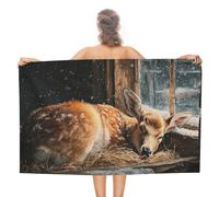 Jubonexis Asciugamano da spiaggia con renna che dorme nel fienile, in microfibra, senza sabbia, grande, multiuso, assorbente, per bagno e piscina, 130 x 80 cm