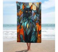 Jubonexis Asciugamano da spiaggia in vetro colorato con gatto nero in microfibra senza sabbia, grandi asciugamani da doccia multiuso assorbente per bagno piscina 130 x 80 cm