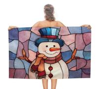 Jubonexis Asciugamano da spiaggia in vetro colorato con pupazzo di neve di Natale in microfibra senza sabbia grandi asciugamani da doccia multiuso assorbente per bagno piscina 130 x 80 cm