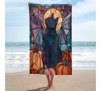 Jubonexis Asciugamano da spiaggia in vetro colorato con zucche di gatto nero in microfibra senza sabbia, grandi asciugamani da doccia multiuso assorbente per bagno piscina 130 x 80 cm