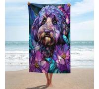 Jubonexis Asciugamano da spiaggia in vetro colorato viola cane floreale asciugamano da spiaggia in microfibra senza sabbia grandi asciugamani doccia multiuso assorbente per bagno piscina 130 x 80 cm