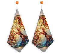 Jubonexis Asciugamano piccolo in vetro colorato con albero della vita con anello per appenderlo, 2 pezzi, panno morbido assorbente per cucina e bagno