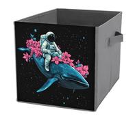 Jubonexis Astronauta che cavalca una balena blu con fiori rosa, cubi portaoggetti pieghevoli in tessuto decorativo, cestini portaoggetti per la casa con manici per scaffali, armadio, 27 x 27 cm