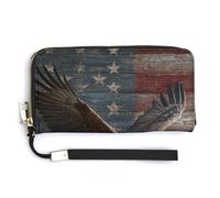 Jubonexis Bald Eagle Soaring Over American Flag Rustic Wood PU Leather Clutch Long Bifold Portafoglio, Portamonete Porta Credito Portamonete Durevole Porta Carte di Denaro per Donne Uomini