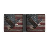 Jubonexis Bald Eagle Soaring Over American Flag Rustic Wood Soft PU Leather Bifold Portafoglio, Portamonete Porta carte di credito Durevole Slim Billfold per uomo donna Conservazione denaro