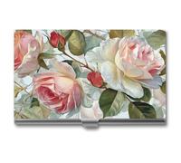 Jubonexis Bella rosa e fiore bianco porta biglietti da visita, tasca sottile in metallo porta biglietti da visita per donne uomini