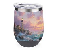 Jubonexis Bellissimo bicchiere da vino con faro sulla costa rocciosa in acciaio inox, tazza termica a doppia parete con coperchio, 350 ml