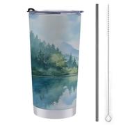 Jubonexis Bicchiere da viaggio da 590 ml, con acquerello, bottiglia d'acqua di bella montagna, in acciaio inox, isolata sottovuoto, con coperchio con cannuccia e spazzola per la pulizia