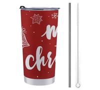 Jubonexis Bicchiere da viaggio da 590 ml, con campanelle di buon Natale su bottiglia d'acqua rossa, in acciaio inox, isolamento sottovuoto, con coperchio con cannuccia e spazzola per la pulizia