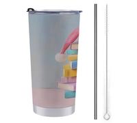 Jubonexis Bicchiere da viaggio da 590 ml, con pila di libri con bottiglia d'acqua con cappello di Babbo Natale, tazza da caffè isolata sottovuoto in acciaio inox con coperchio in paglia e spazzola per