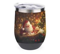 Jubonexis Bicchiere da vino con Babbo Natale nella mangiatoia in acciaio inox tazza termica a doppia parete con coperchio 350 ml