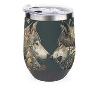 Jubonexis Bicchiere da vino con due lupi di fronte all'altro con fiori, in acciaio inox, tazza termica a doppia parete con coperchio, 350 ml