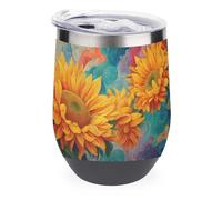 Jubonexis Bicchiere da vino con girasoli vibranti con petali vorticosi in acciaio inox, tazza termica a doppia parete con coperchio, 350 ml