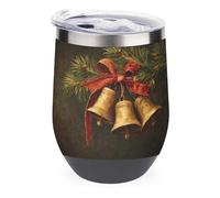 Jubonexis Bicchiere da vino con tre campane dorate su ramo di pino in acciaio inox, tazza termica a doppia parete con coperchio, 350 ml