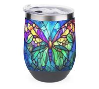 Jubonexis Bicchiere da vino in vetro colorato a forma di farfalla con ali grandi, in acciaio inox, tazza termica a doppia parete con coperchio, 350 ml