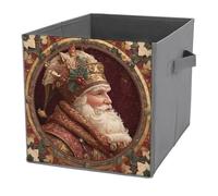 Jubonexis Bidoni portaoggetti a forma di Babbo Natale con foglie di agrifoglio, cubi, pieghevoli, decorativi, in tessuto, organizer per la casa, con manici, per scaffali, armadi, 27 x 27 cm