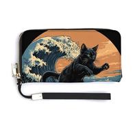 Jubonexis Black Cat Surfing on the Wave - Portafoglio lungo in pelle PU, portamonete e carte di credito, porta carte di credito, per donne e uomini