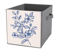 Jubonexis Blue Leaf and Flowers Line Art Cube Storage Bins Storage Cubes Pieghevole Decorativo Tessuto Cestini Organizzatori Casa Organizzatori con Maniglie per Scaffali, Armadio, 27x27 cm