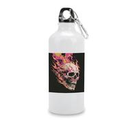 Jubonexis Borraccia da viaggio in alluminio con teschio bianco con fiamme rosa e gialle, bottiglia sportiva con tappo a fibbia, per uomini e donne, campeggio ed escursionismo, 600 ml