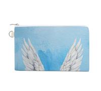 Jubonexis Borsa a portafoglio in tela, con ali d'angelo bianche ad acquerello su portamonete con stampa blu pallido, portamonete con cerniera, piccola borsa per cosmetici