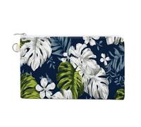 Jubonexis Borsa a portafoglio in tela, portamonete con stampa floreale con foglie tropicali bianche e verdi, portamonete con cerniera, piccola borsa per cosmetici