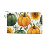 Jubonexis Borsa a portafoglio in tela, zucche verdi e arancioni con stampa di girasoli gialli, portamonete con cerniera, piccola borsa per cosmetici