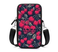 Jubonexis Borsa a tracolla nera per smartphone con motivo ciliegie rosse con facce di teschio e tracolla regolabile