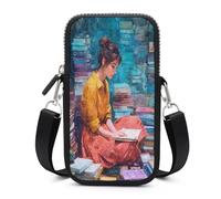 Jubonexis Borsa a tracolla per cellulare, con tracolla regolabile, motivo: donna in una biblioteca