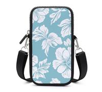 Jubonexis Borsa a tracolla per smartphone con fiore di ibisco bianco su tracolla azzurra con tracolla regolabile