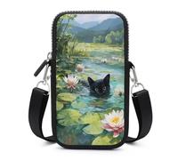 Jubonexis Borsa a tracolla per smartphone con gatto nero che nuota nello stagno con tracolla regolabile