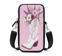 Jubonexis Borsa a tracolla per smartphone con tracolla e tracolla regolabile, motivo con stivali da cowgirl e fiori viola lavanda