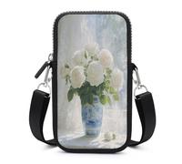 Jubonexis Bouquet di rose bianche in un vaso di porcellana borsa a tracolla per telefono cellulare borsa smartphone con tracolla regolabile