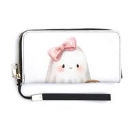Jubonexis Carino bianco fantasma fiocco rosa su un picnic pochette in pelle PU lungo bifold portafoglio, portamonete porta carte di credito custodia durevole porta carte di credito per donne uomini