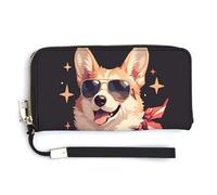 Jubonexis Carino Corgi che indossa occhiali da sole in pelle PU, pochette lunga a doppio portafoglio, portamonete, porta carte di credito, porta carte di credito e denaro per donne e uomini