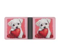 Jubonexis Carino cucciolo che tiene un cuore rosso glitterato con rose in morbida pelle PU portafoglio bifold portamonete, porta carte di credito, portafoglio sottile resistente per uomini e donne