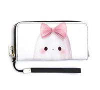 Jubonexis Carino fantasma che indossa un fiocco rosa sulla testa, pochette in pelle PU, portafoglio lungo bifold, portamonete, porta carte di credito, porta carte di credito e denaro per donne e