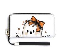 Jubonexis Carino fantasma con fiori arancione Coquette PU pochette lungo bifold portafoglio, portamonete porta carte di credito custodia durevole porta carte di credito per donne uomini