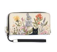 Jubonexis Carino gatto nero aperto vecchio libro fiore selvatico pochette in pelle PU lungo bifold portafoglio, portamonete porta carte di credito custodia durevole porta carte di credito per donne