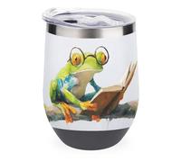 Jubonexis Carino rana verde con occhiali libro di lettura bicchiere da vino in acciaio inox tazza isolata doppia parete tazza d'acqua con coperchio 12 once