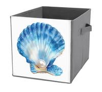 Jubonexis Cestini portaoggetti a forma di cubo, con conchiglie blu e perle bianche, pieghevoli, in tessuto, decorativi, per la casa, con manici, per scaffali, armadi, 27 x 27 cm