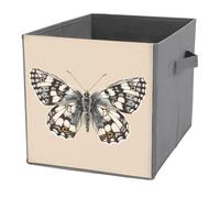 Jubonexis Cestini portaoggetti a forma di cubo con farfalle bianche marmorizzate su panna, pieghevoli, decorativi, in tessuto, con manici, per scaffali, armadi, 27 x 27 cm