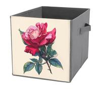 Jubonexis Cestini portaoggetti a forma di cubo con rose rosse, pieghevoli, decorativi, in tessuto, organizer per la casa, con manici, per scaffali, armadi, 27 x 27 cm