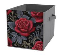 Jubonexis Cestini portaoggetti a forma di cubo con rose rosse scure gotiche con foglie nere, pieghevoli, decorativi, in tessuto, con manici, per scaffali, armadi, 27 x 27 cm