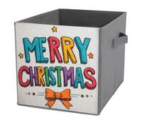 Jubonexis Cestini portaoggetti a forma di cubo con scritta "Merry Christmas" e fiocco, pieghevoli, decorativi, in tessuto, per la casa, con manici, per scaffali, armadi, 27 x 27 cm
