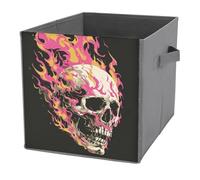 Jubonexis Cestini portaoggetti a forma di teschio bianco con fiamme rosa e gialle, cubi, pieghevoli, decorativi, in tessuto, organizer per la casa, con manici, per scaffali, armadi, 27 x 27 cm