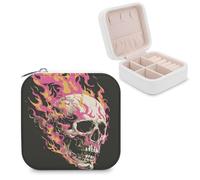 Jubonexis Cranio bianco con fiamme rosa gialle piccolo portagioie organizzatore di gioielli portatile in pelle PU mini viaggio gioielli caso