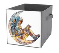 Jubonexis Cubi portaoggetti a forma di astronauta che legge su una luna crescente, cubi portaoggetti pieghevoli decorativi in tessuto cestini portaoggetti per la casa con manici per scaffali, armadio